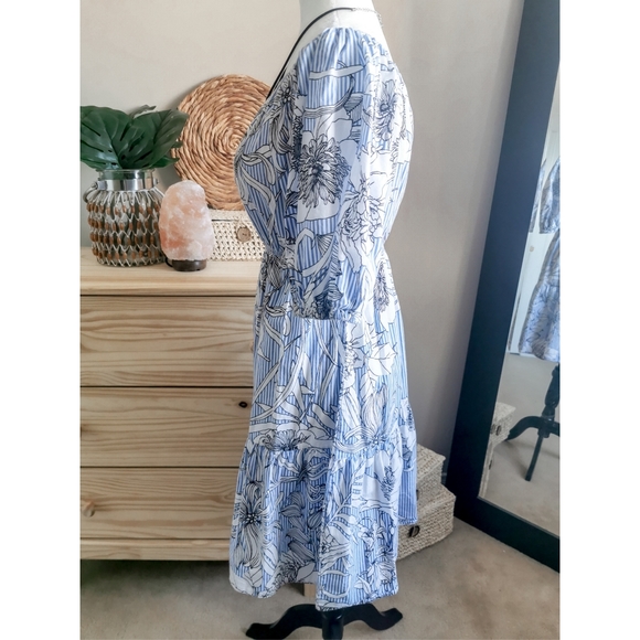 Candy Striped Blue & Floral Off Shoulder Dress - Picture 6 of 6